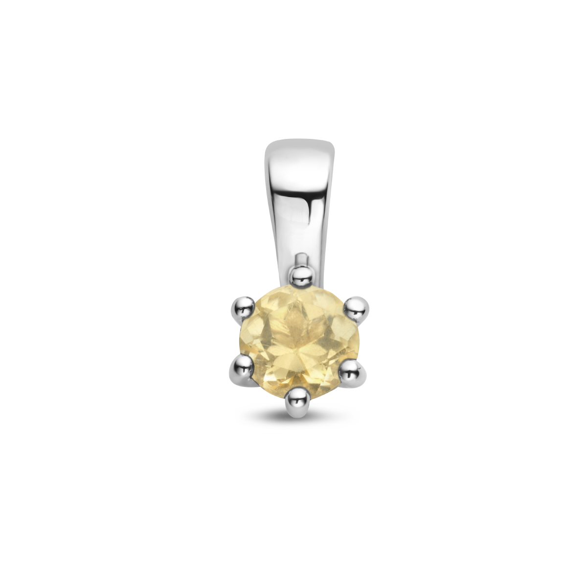 Gerhodineerd 925 geboortesteen zilveren hanger uitgevoerd met een schitterende citrien. De hanger heeft een afmeting van 10x5mm. De citrien heeft een steengewicht van 0.26ct.