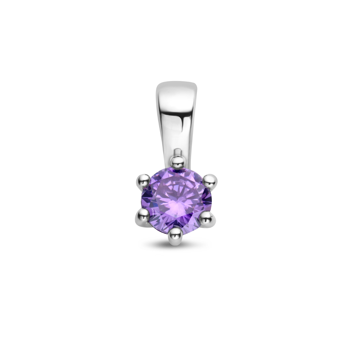 Gerhodineerd 925 zilveren hanger met geboortesteen uitgevoerd met een zirkonia amethyst. De hanger heeft een afmeting van 10x5mm.