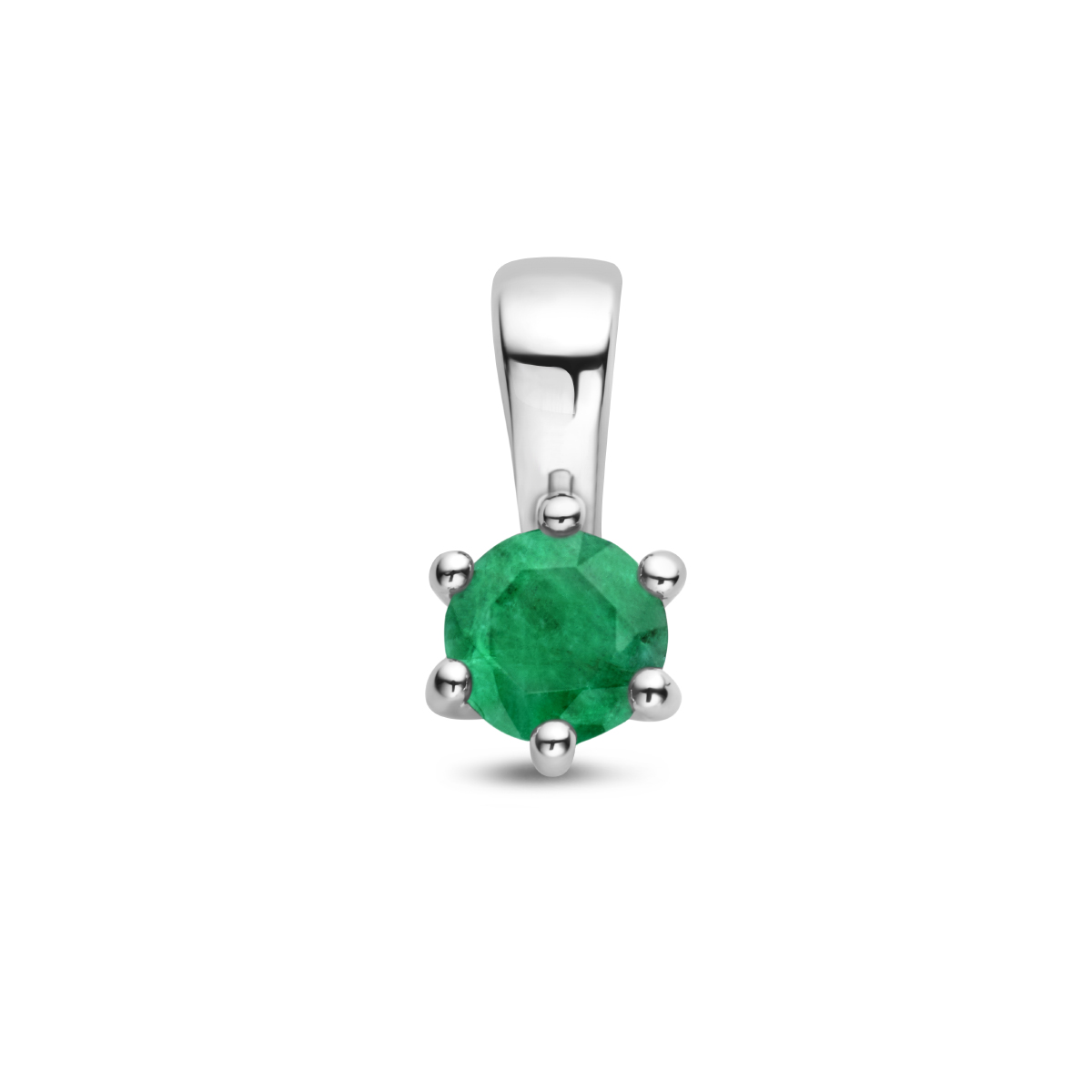 Gerhodineerd 925 geboortesteen zilveren hanger uitgevoerd met een schitterende smaragd. De hanger heeft een afmeting van 10x5mm. De smaragd heeft een steengewicht van 0.25ct.