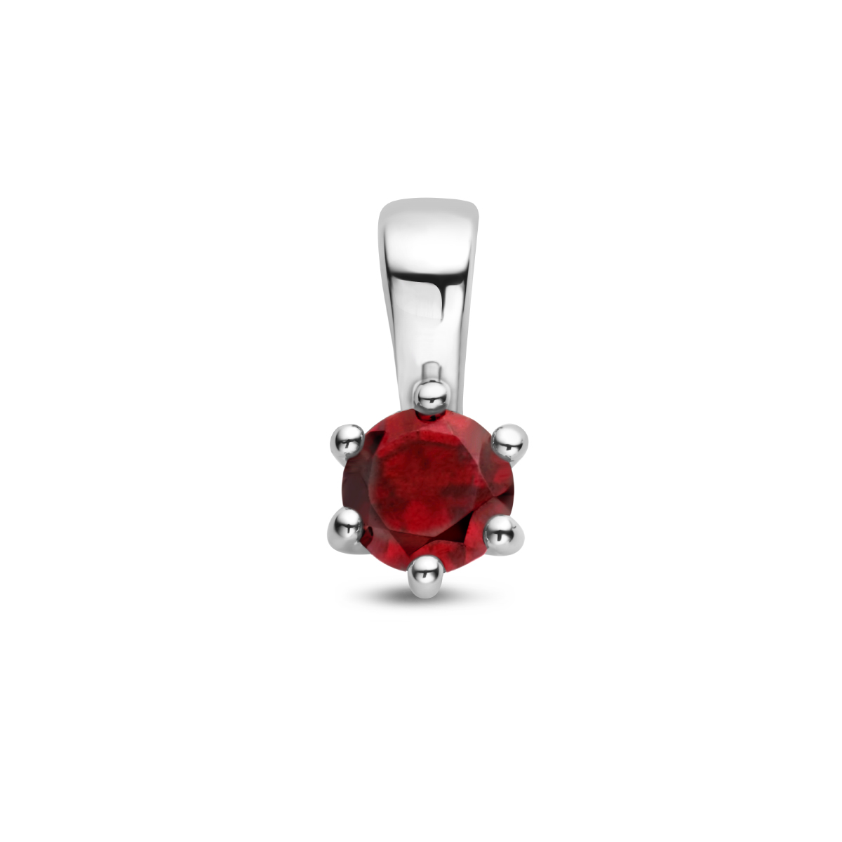 Gerhodineerd 925 geboortesteen zilveren hanger uitgevoerd met een schitterende granaat. De hanger heeft een afmeting van 10x5mm. De granaat heeft een steengewicht van 0.35ct.