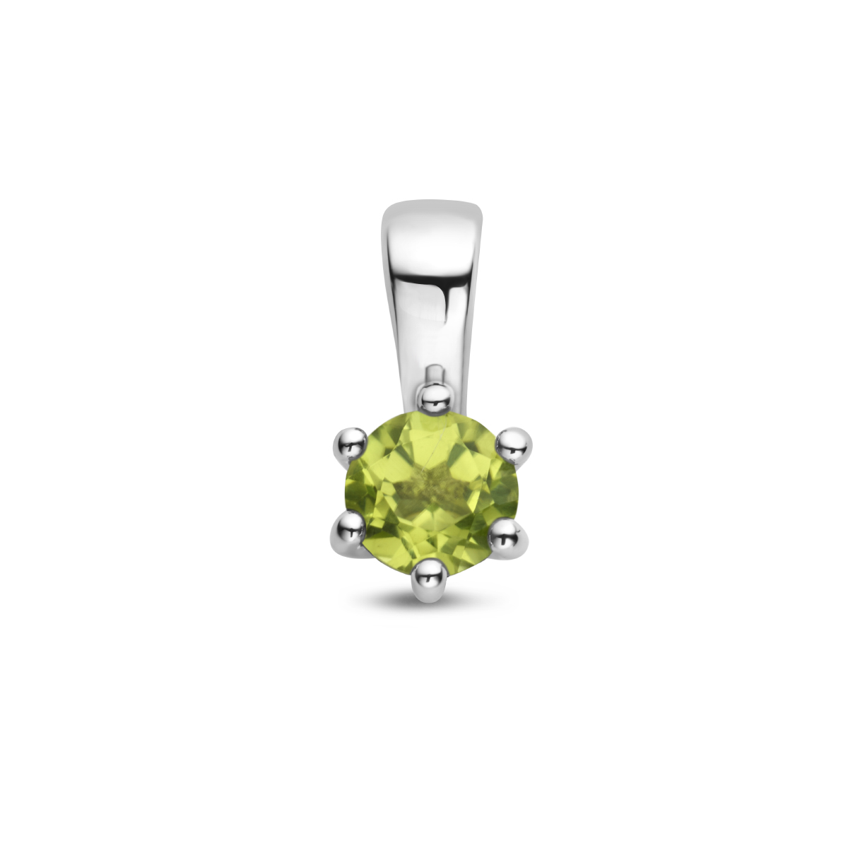 Gerhodineerd 925 geboortesteen zilveren hanger uitgevoerd met een schitterende peridot. De hanger heeft een afmeting van 10x5mm. De peridot heeft een steengewicht van 0.30ct.