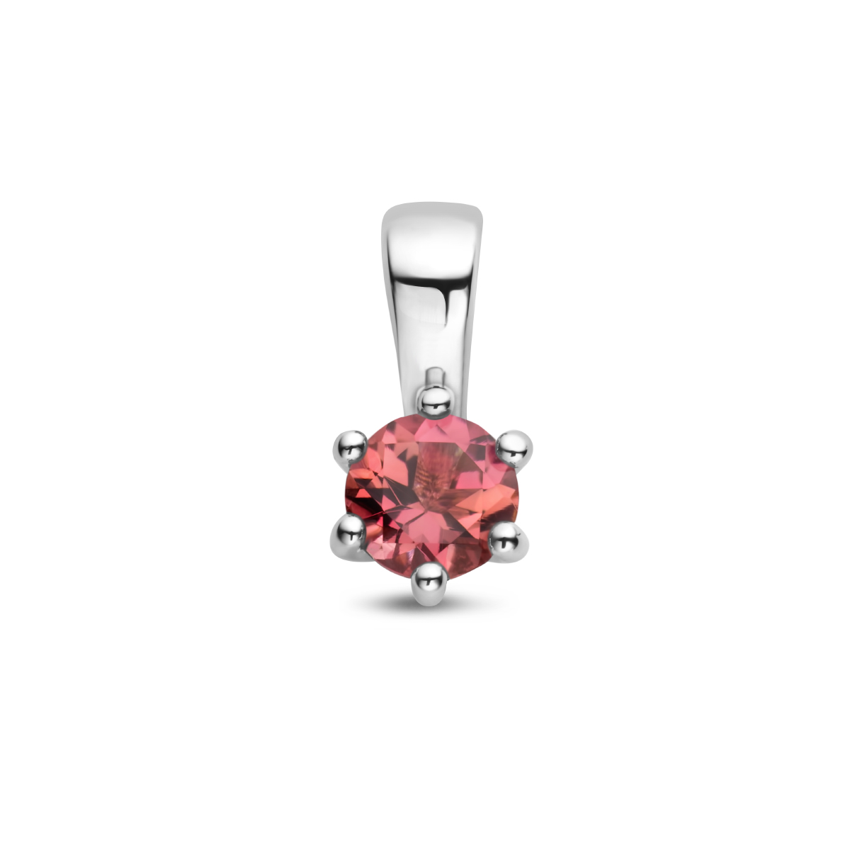 Gerhodineerd 925 geboortesteen zilveren hanger uitgevoerd met een schitterende roze toermalijn. De hanger heeft een afmeting van 10x5mm. De roze toermalijn heeft een steengewicht van 0.29ct.