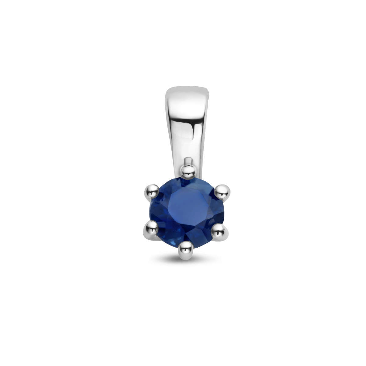 Gerhodineerd 925 geboortesteen zilveren hanger uitgevoerd met een schitterende saffier. De hanger heeft een afmeting van 10x5mm. De saffier heeft een steengewicht van 0.33ct.