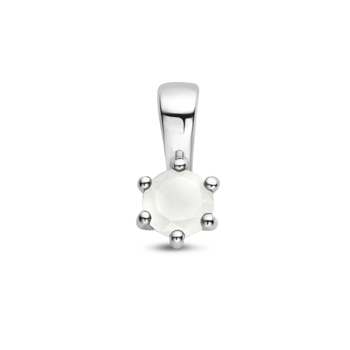 Gerhodineerd 925 zilveren hanger met geboortesteen uitgevoerd met een wit agaat. De hanger heeft een afmeting van 10x5mm.