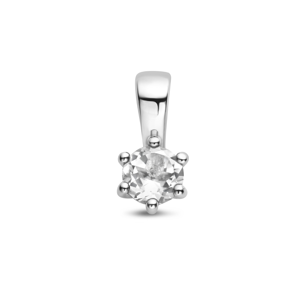 Gerhodineerd 925 geboortesteen zilveren hanger uitgevoerd met een wit topaas. De hanger heeft een afmeting van 10x5mm. De wit topaas heeft een steengewicht van 0.32ct.
