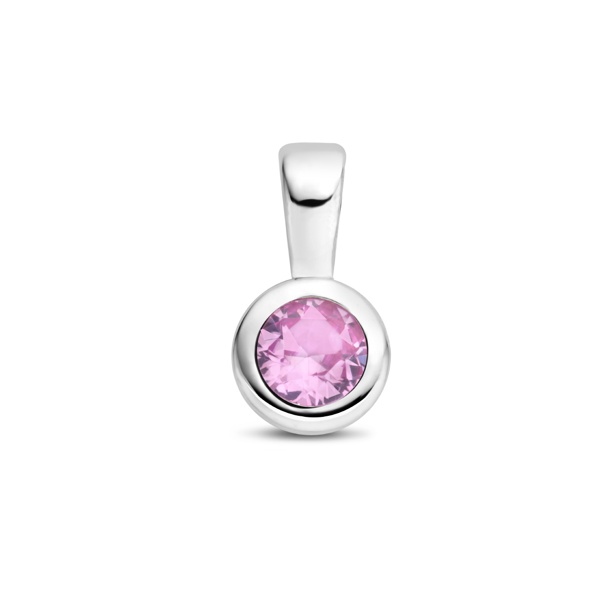 Gerhodineerd 925 zilveren hanger met geboortesteen uitgevoerd met een synthetische roze steen. De hanger heeft een afmeting van 11x5.5mm.