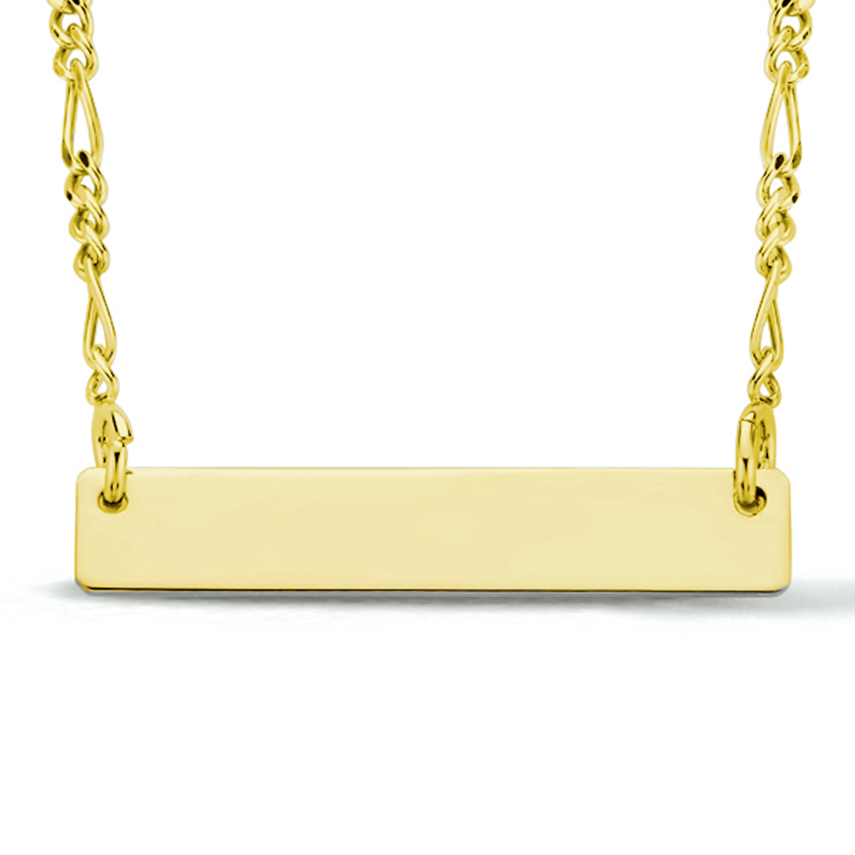 Geelgoud op 925 zilveren graveercollier met een plaat van 5x28mm. Het collier heeft een draaglengte vna 41cm en een extensie van 5cm. Uitgevoerd met een karabijn sluiting. Geen garantie op plating.