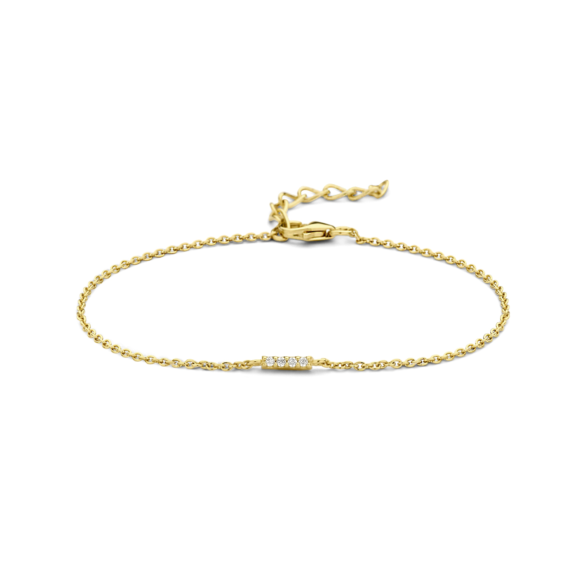 Geelgoud op 925 zilveren armband uitgevoerd met zirkonia en een karabijnsluiting. De armband heeft een draaglengte van 16cm met een extensie van 3cm. Geen garantie op de plating.