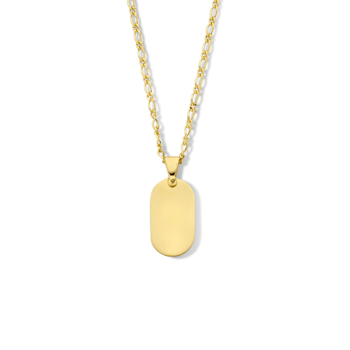Geelgoud op 925 zilveren collier uitgevoerd met een graveerhanger (20 x 11.3) en een karabijn sluiting. Het collier heeft een draaglengte van 42cm met een extensie van 3cm. Geen garantie op de plating