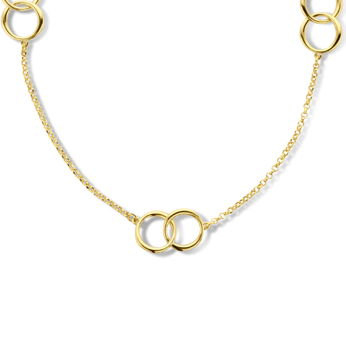 Geelgoud op 925 zilveren collier uitgevoerd met rondjes en een karabijn sluiting. Het collier heeft een draaglengte van 45cm met een extensie van 4cm. Geen garantie op de plating.