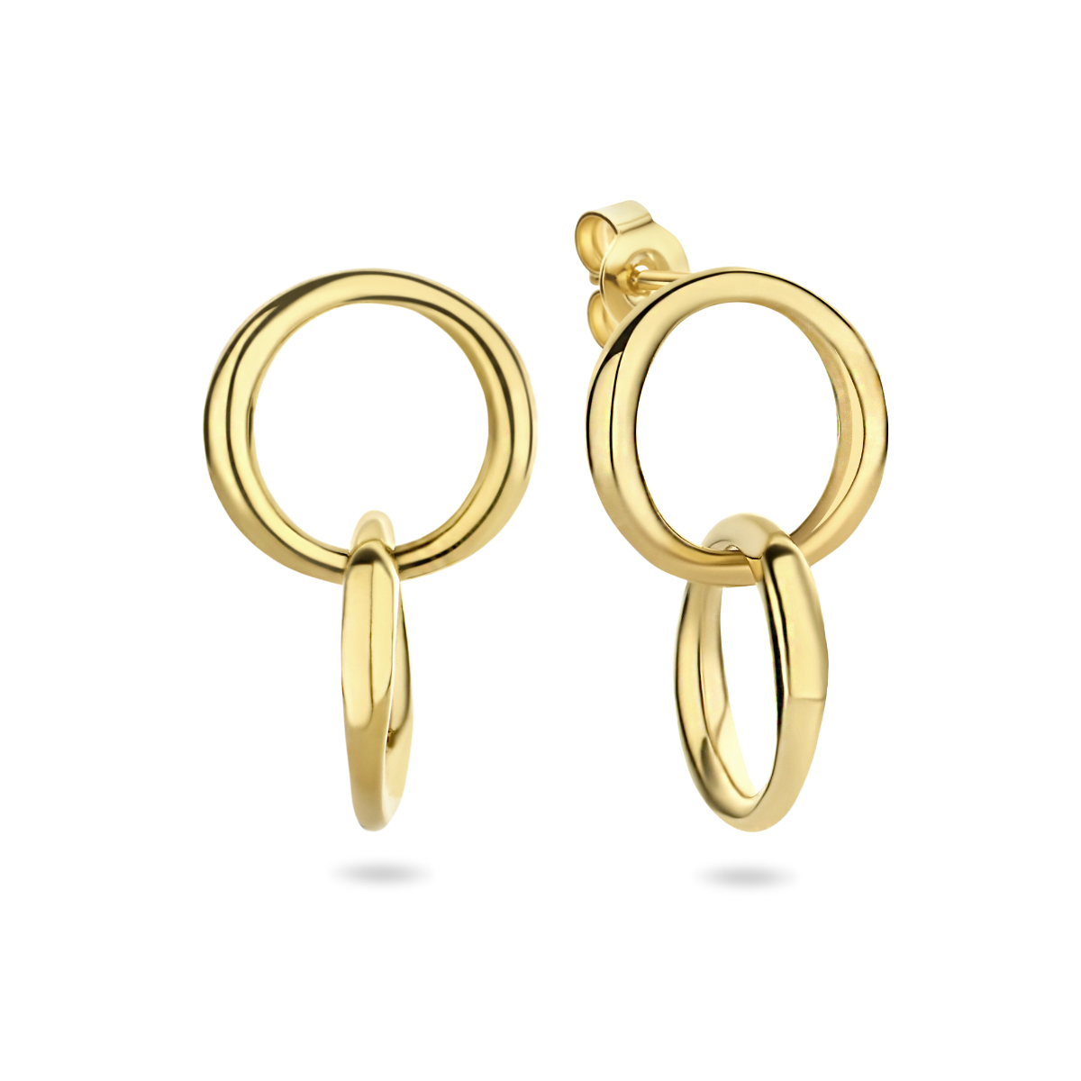 Geelgoud op 925 zilveren oorhangers uitgevoerd met twee rondjes. De oorhangers hebben een totale hoogte van 14.5mm. Geen garantie op de plating.