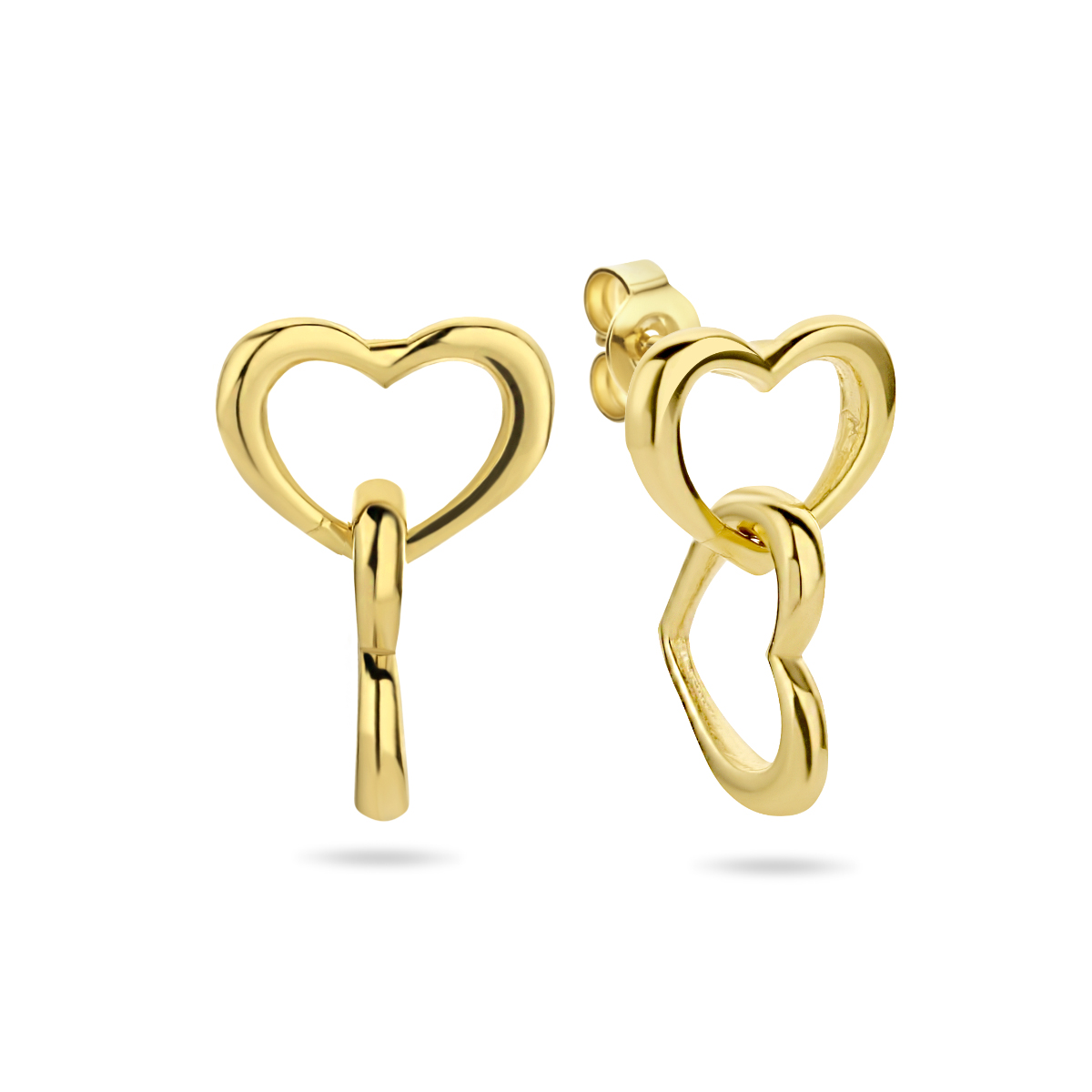 Geelgoud op 925 zilveren oorhangers uitgevoerd met twee hartjes. De oorhangers hebben een totale hoogte van 1.3cm en een breedte van 8.5mm. Geen garantie op de plating.