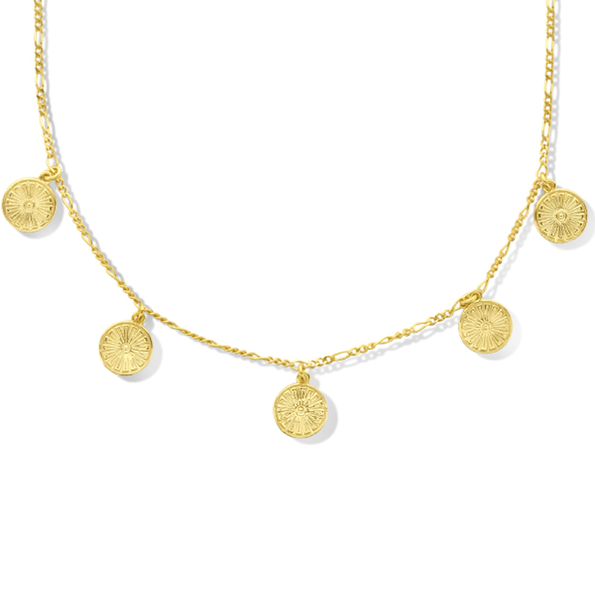 Geelgoud op 925 zilveren collier uitgevoerd met rondjes en een karabijn sluiting. Het collier heeft een draaglengte van 42cm met een extensie van 3cm. Geen garantie op de plating.