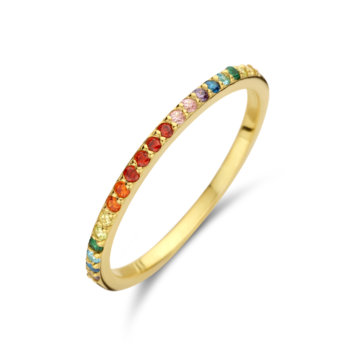 Geelgoud op 925 zilveren ring uitgevoerd met een gekleurde zirkonia rij. De ring heeft een breedte van 1.5mm. Geen garantie op plating.