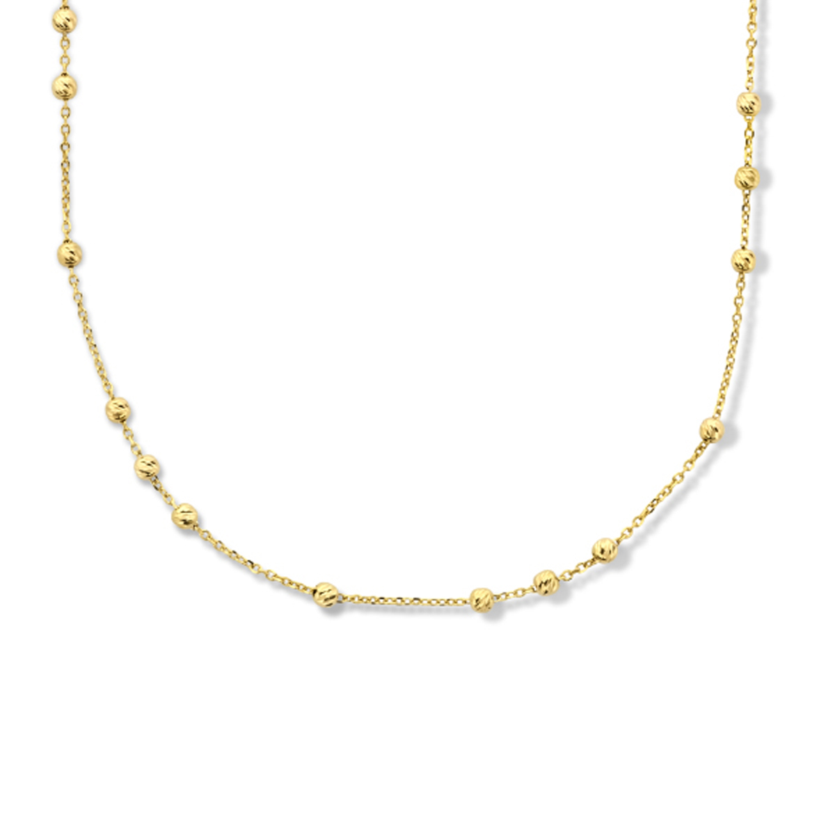 Geelgoud op 925 zilveren collier uitgevoerd met bolletjes en een karabijn sluiting. Het collier heeft een schakelbreedte van 1.1mm en een draaglengte van 40cm met een extensie van 4cm. Geen garantie op plating.
