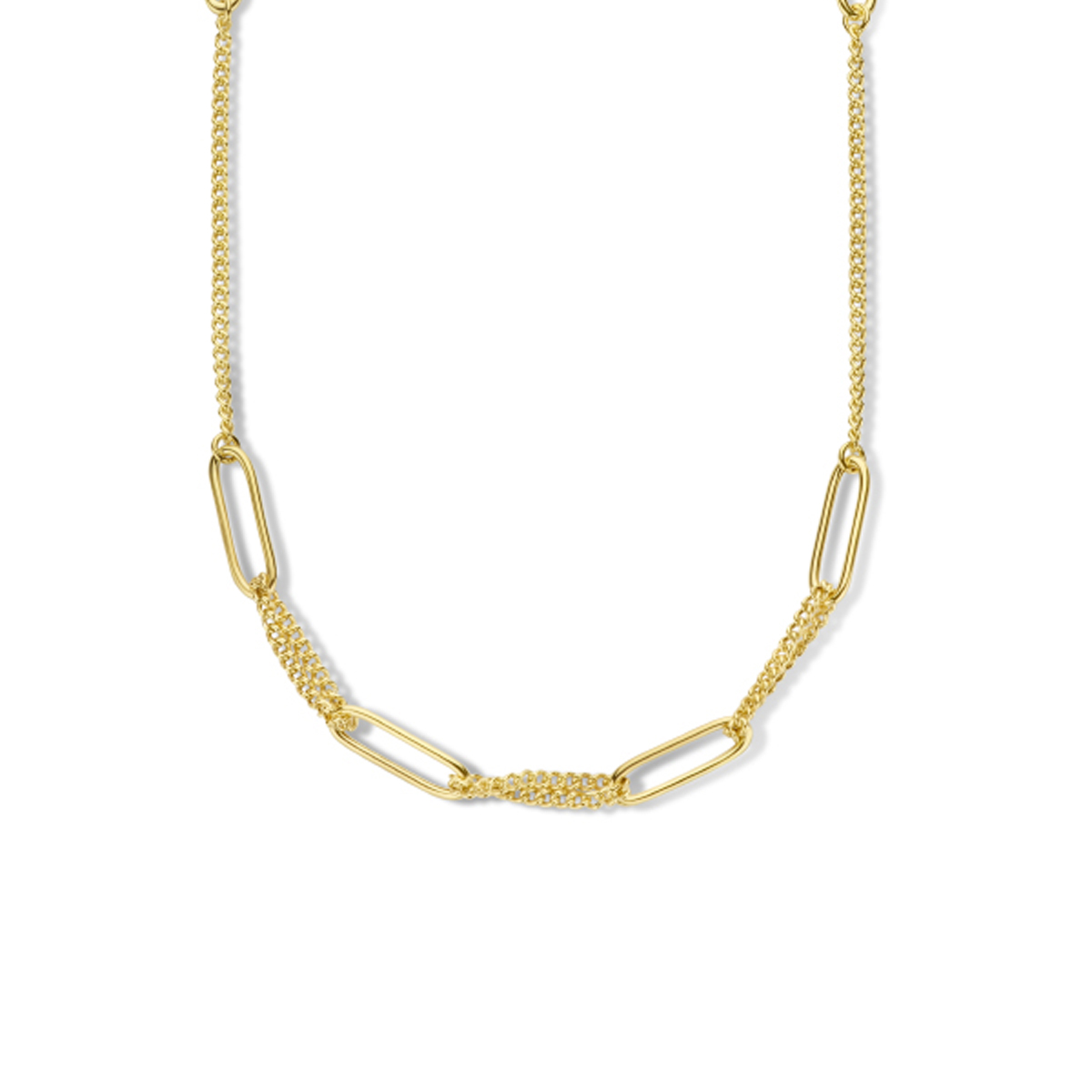 Geelgoud op 925 zilveren collier uitgevoerd met een paperclip schakel van 7.2mm, gourmette schakel van 2.8mm en een karabijn sluiting. Het collier heeft een draaglengte van 82cm. Geen garantie op de plating.