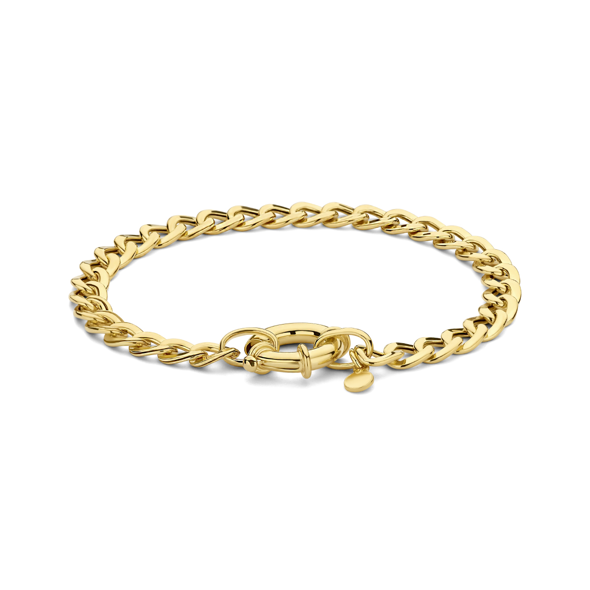 Geelgoud op 925 zilveren armband met gourmette schakel. De armband is 18cm lang en heeft een schakelbreedte van 6mm. Geen garantie op de plating.