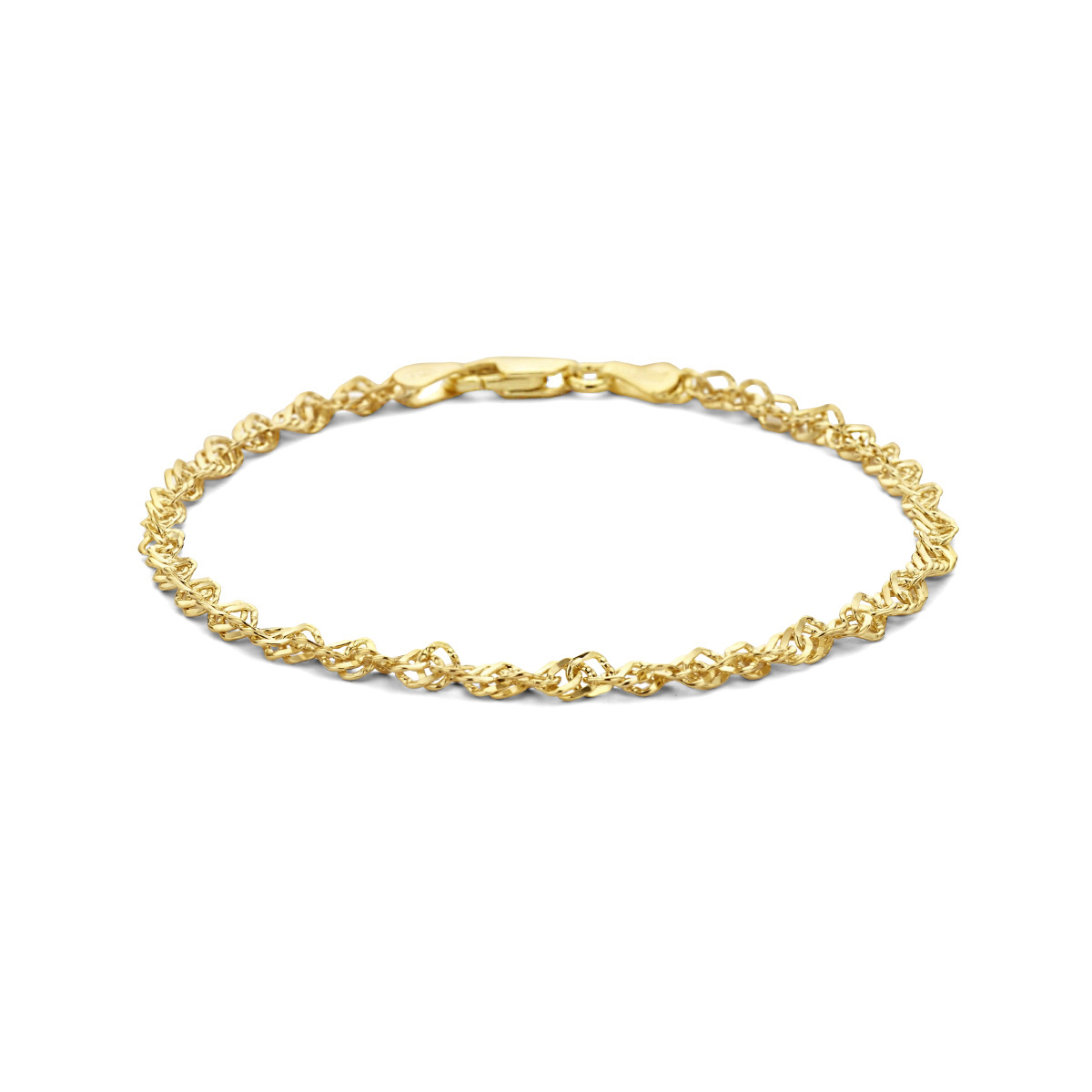 Geelgoud op 925 zilveren singapore armband met een schakelbreedte van 2.75mm. De armband is uitgevoerd met een karabijn sluiting. Geen garantie op plating.
