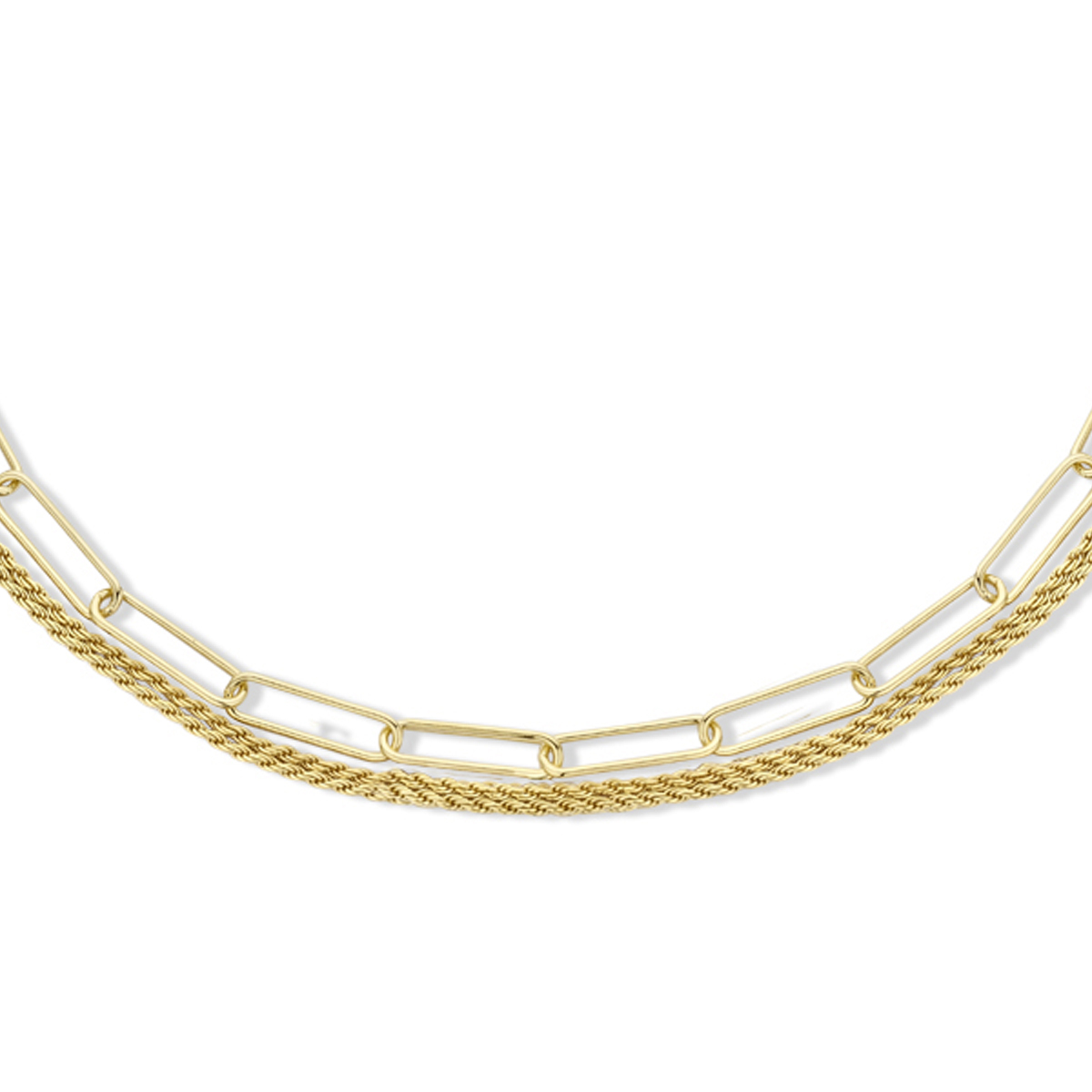Geelgoud op 925 zilveren collier met schakelbreedtes van 1.5 en 4.5mm. Het collier heeft een draaglengte van 41cm en een extensie van 4cm. Uitgevoerd met een karabijn sluiting. Geen garantie op plating.
