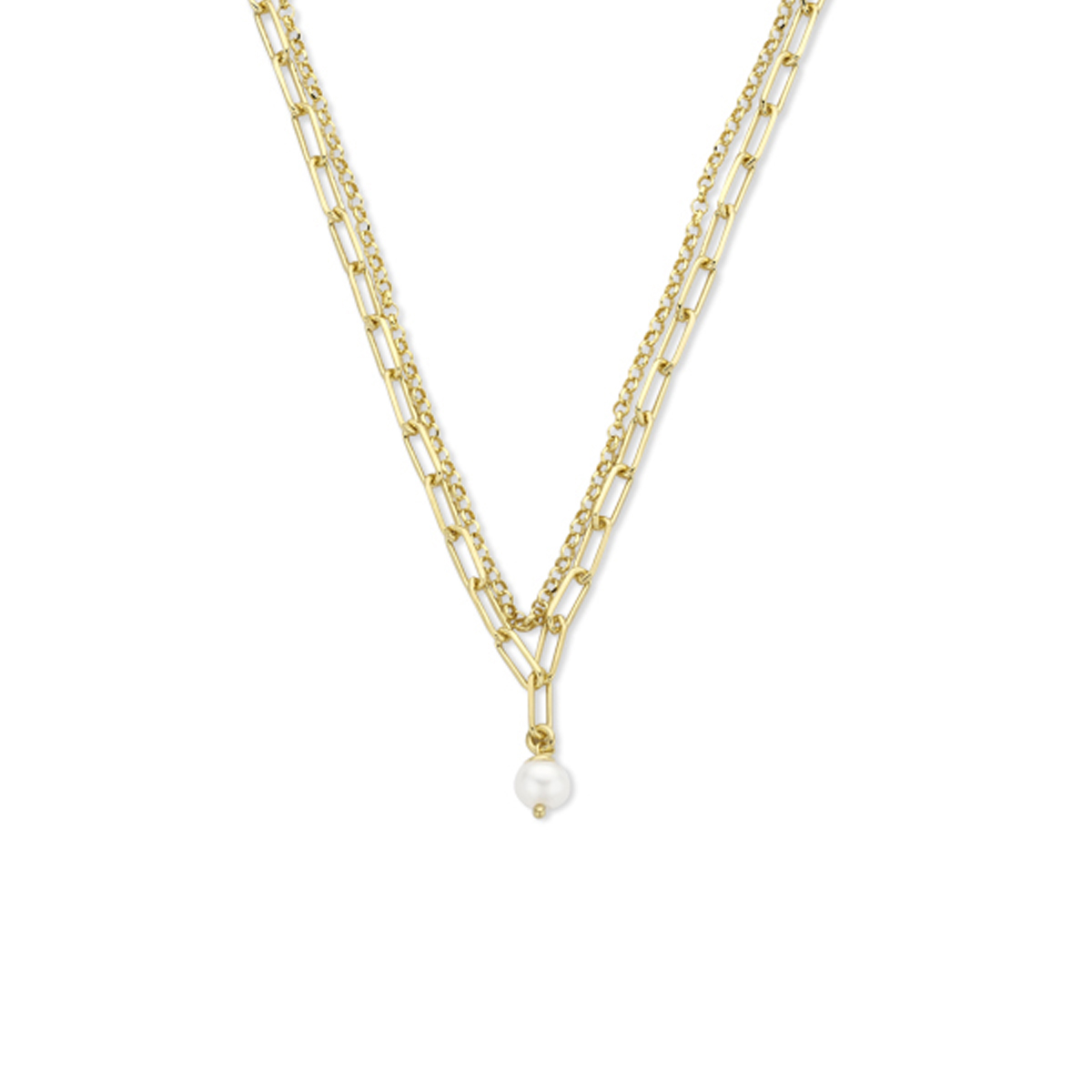 Geelgoud op 925 zilveren collier met een zoetwaterparel. Het collier heeft een draaglengte van 41cm en een extensie van 4cm. Uitgevoerd met een karabijn sluiting. Geen garantie op plating.