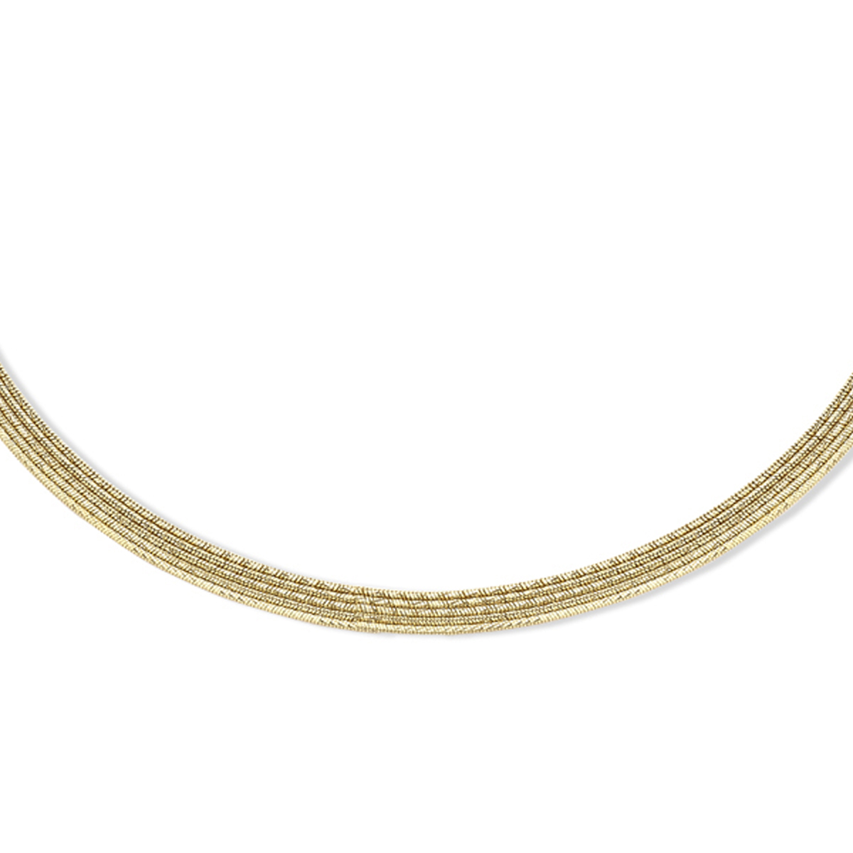 Geelgoud op 925 zilveren slang collier uitgevoerd met 5 rijen met een schakelbreedte van 0.9mm. Het collier heeft een draaglengte van 40cm met een extensie van 5cm en is uitgevoerd met een karabijnsluiting.
