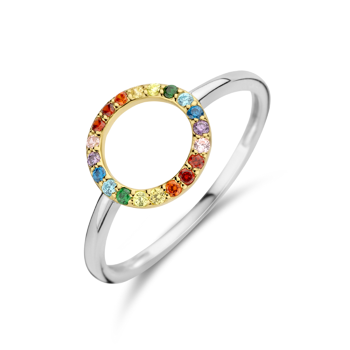 Bicolor geelgoud op 925 zilveren ring uitgevoerd met een gekleurde zirkonia rij. De ring heeft een breedte van 10mm.