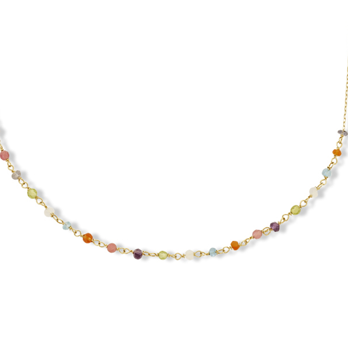 14k Geelgouden collier uitgevoerd met schitterende edelstenen zoals: rhodoliet, rood agaat, loliet, maansteen, peridot, amethyst en blauw topaas. Het collier heeft draaglengtes van 40, 42 en 44cm.