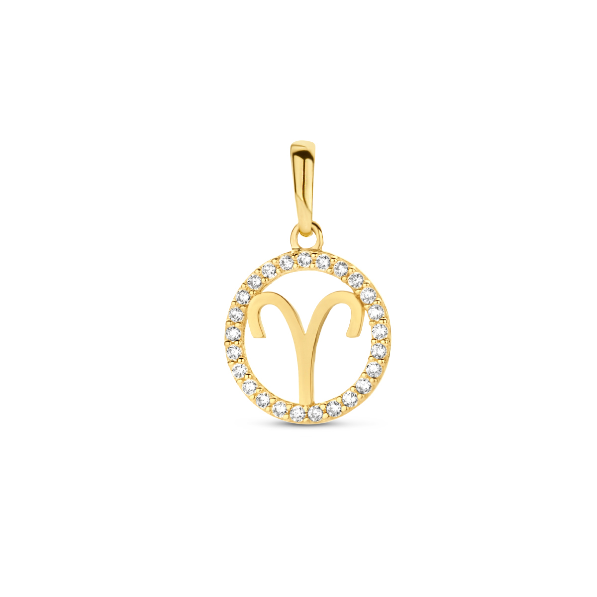 Geelgouden hanger uitgevoerd met een sterrenbeeld en zirkonia. De hanger heeft een totale hoogte van 1.7cm en een diameter van 10.5mm.