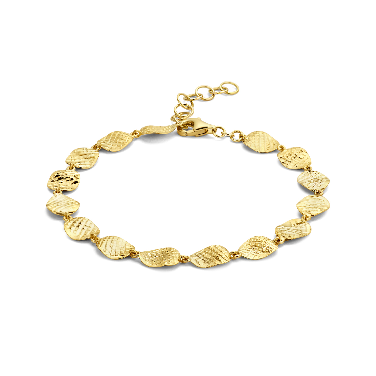 14k Geelgouden armband uitgevoerd met karabijn sluiting. De armband heeft een draaglengtes van 17 en 19.5cm.