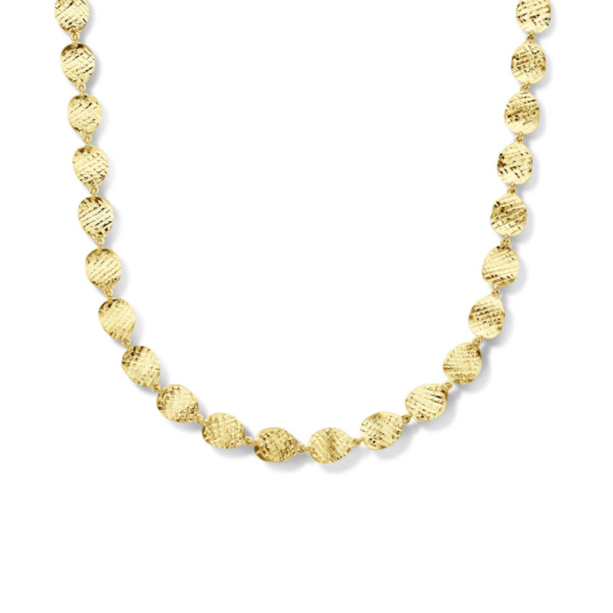 14 Karaat Geelgouden collier uitgevoerd met fijn bewerkte ovaaltjes en een karabijnsluiting. Het collier heeft een draaglengte van 45cm.
