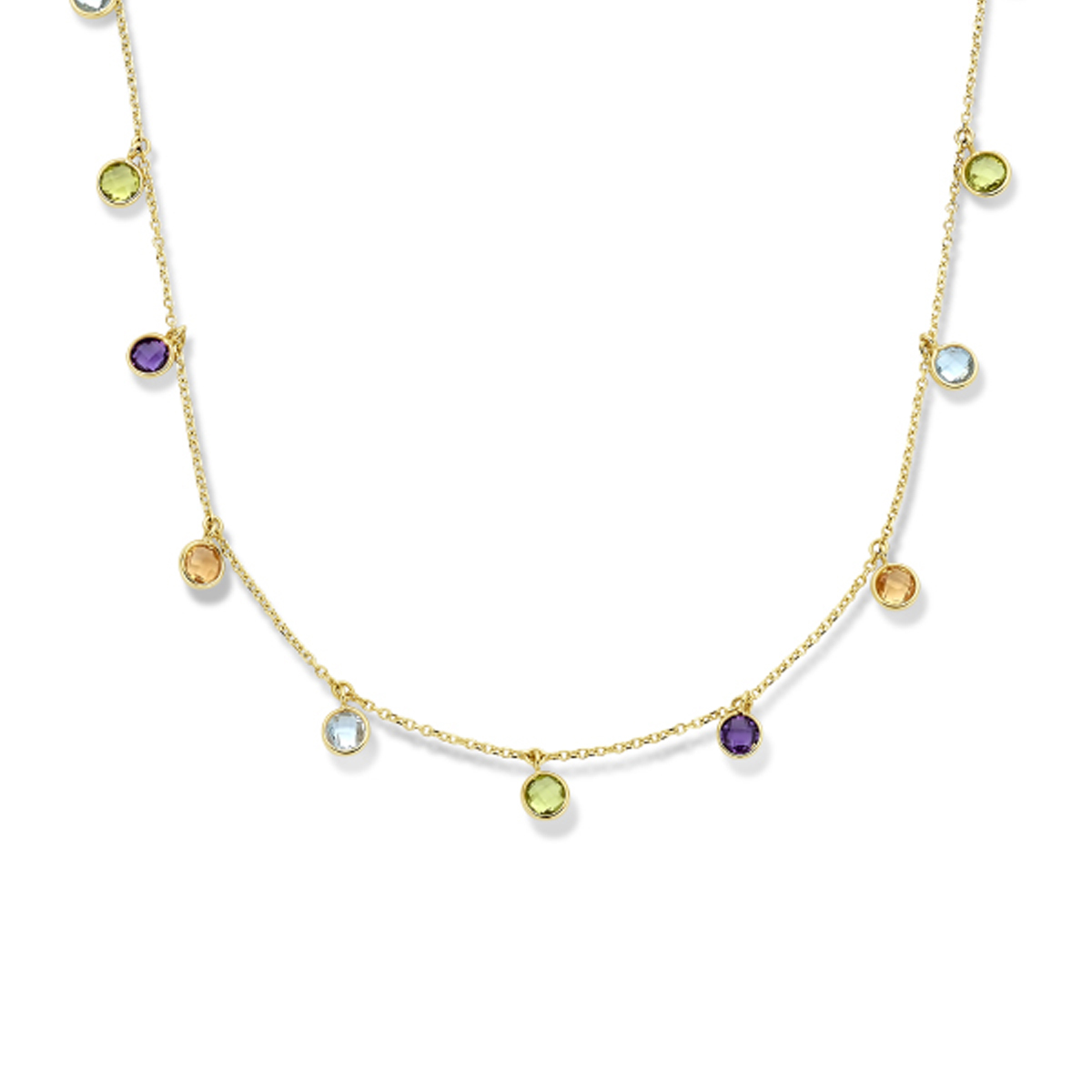 14k Geelgouden collier uitgevoerd met peridot, blauwe topaas, citrien en amethist. Het collier heeft draaglengtes van 42 en 45cm. Uitgevoerd met een karabijn sluiting.  De schakelbreedte is 1.1mm. De steengewichten zijn: amethist 0.40ct (4x 0.10ct), citrien 0.40ct (4x 0.10ct), peridot 0.50ct (5x 0.10ct) en de blauw topaas 0.40ct (4x 0.10ct).