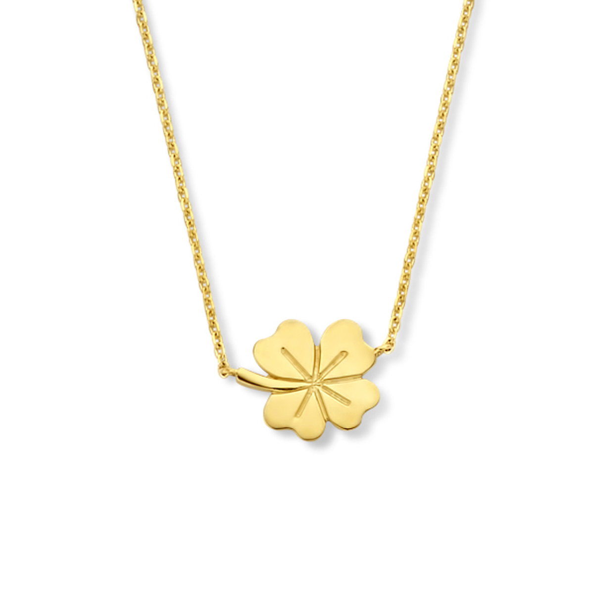 14k Geelgouden collier uitgevoerd met een klaver. Het collier heeft draaglengtes van 40, 42 en 44cm.