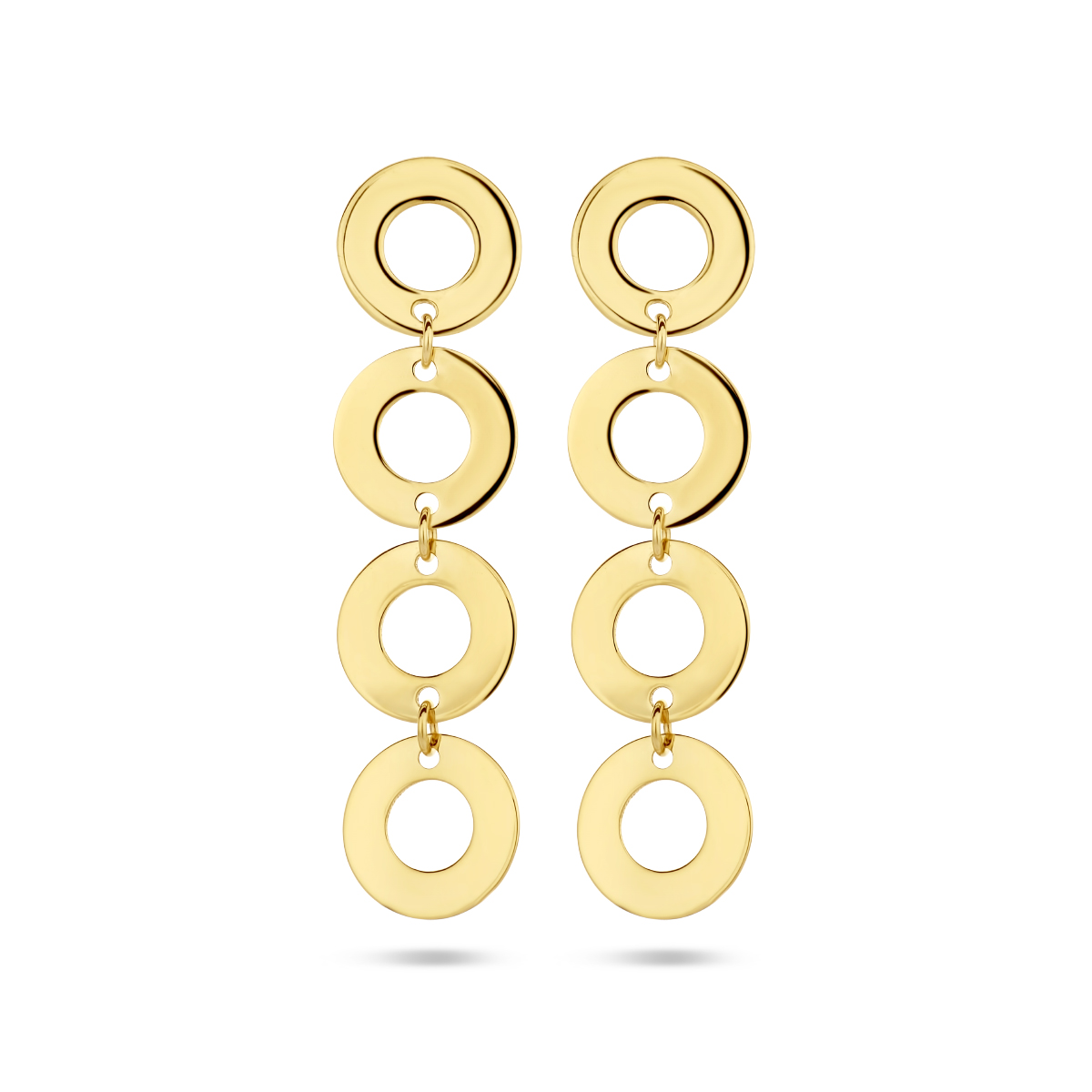 14k Geelgouden oorhangers uitgevoerd met open rondjes van 7mm. De oorhangers hebben een totale hoogte van 2.9cm.