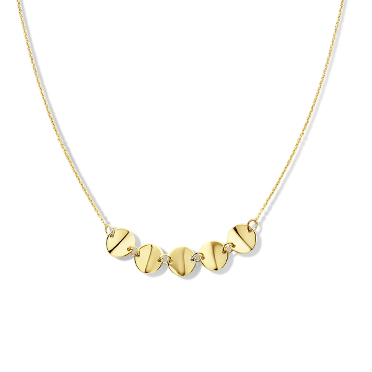 Geelgouden collier uitgevoerd met 5 rondjes en een karabijnsluiting. Het collier heeft draaglengtes van 42 en 45cm.