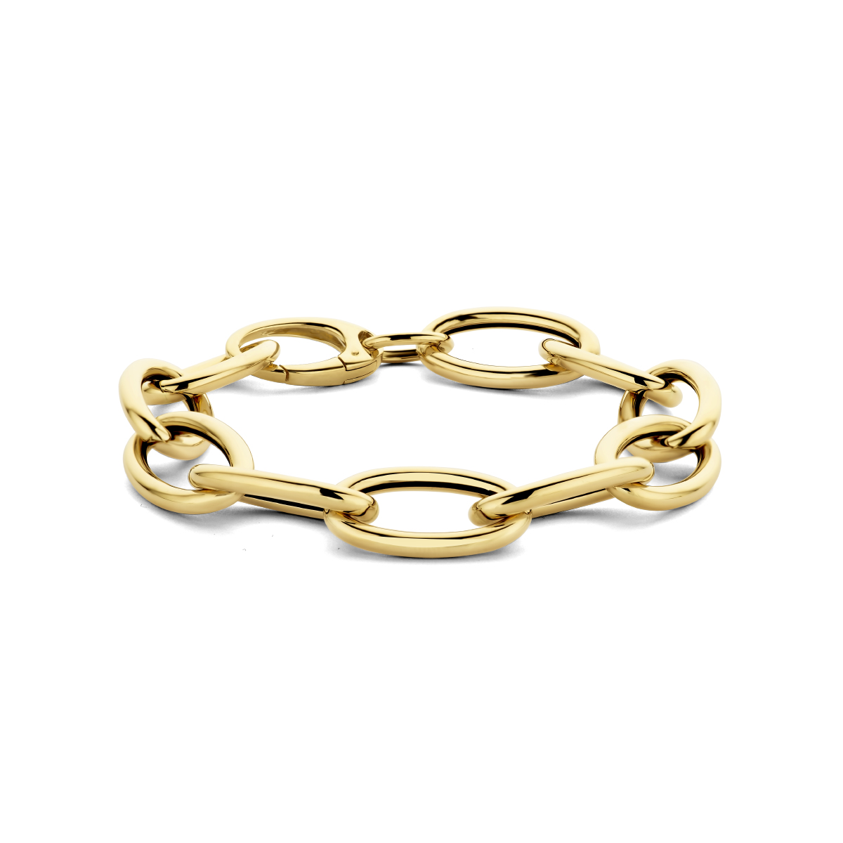 14k Geelgouden paperclip armband met een schakelbreedte van 12.5mm. De armband heeft een draaglengte van 19cm.