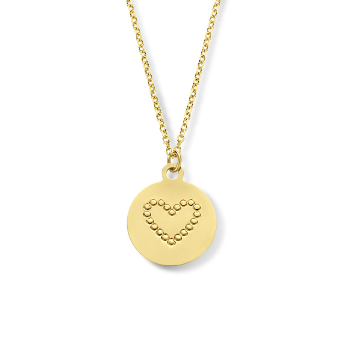 14k Geelgouden collier uitgevoerd met een rondje van 11.5mm en een hartje. Het collier heeft draaglengtes van 42 en 45cm.