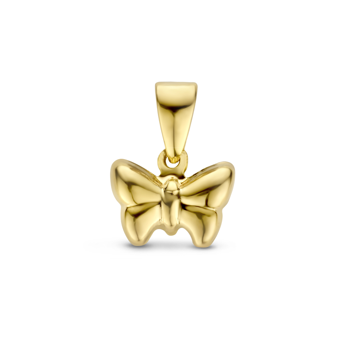 14k Geelgouden hanger in de vorm van een vlinder. De hanger is goed te combineren met een bijpassend collier uit onze collectie. De hanger heeft een totale hoogte van 1.2cm.