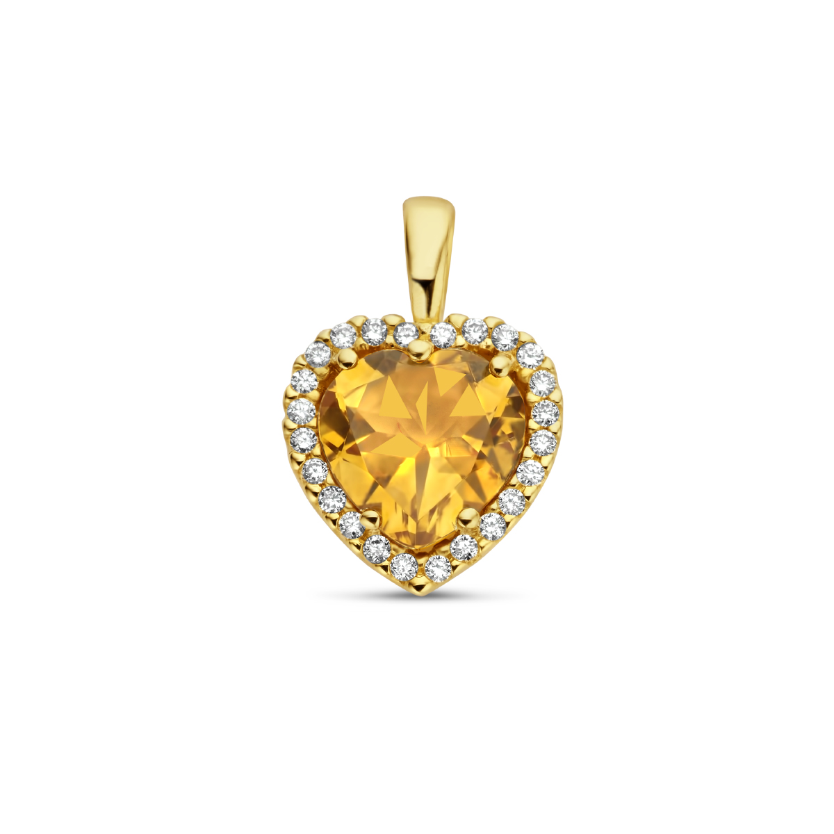 14k Geelgouden hanger uitgevoerd in de vorm van een hartje met daarin een schitterende citrien en een diamant rij. De hanger heeft een totale hoogte van 1.4cm en een breedte van 9.5mm.