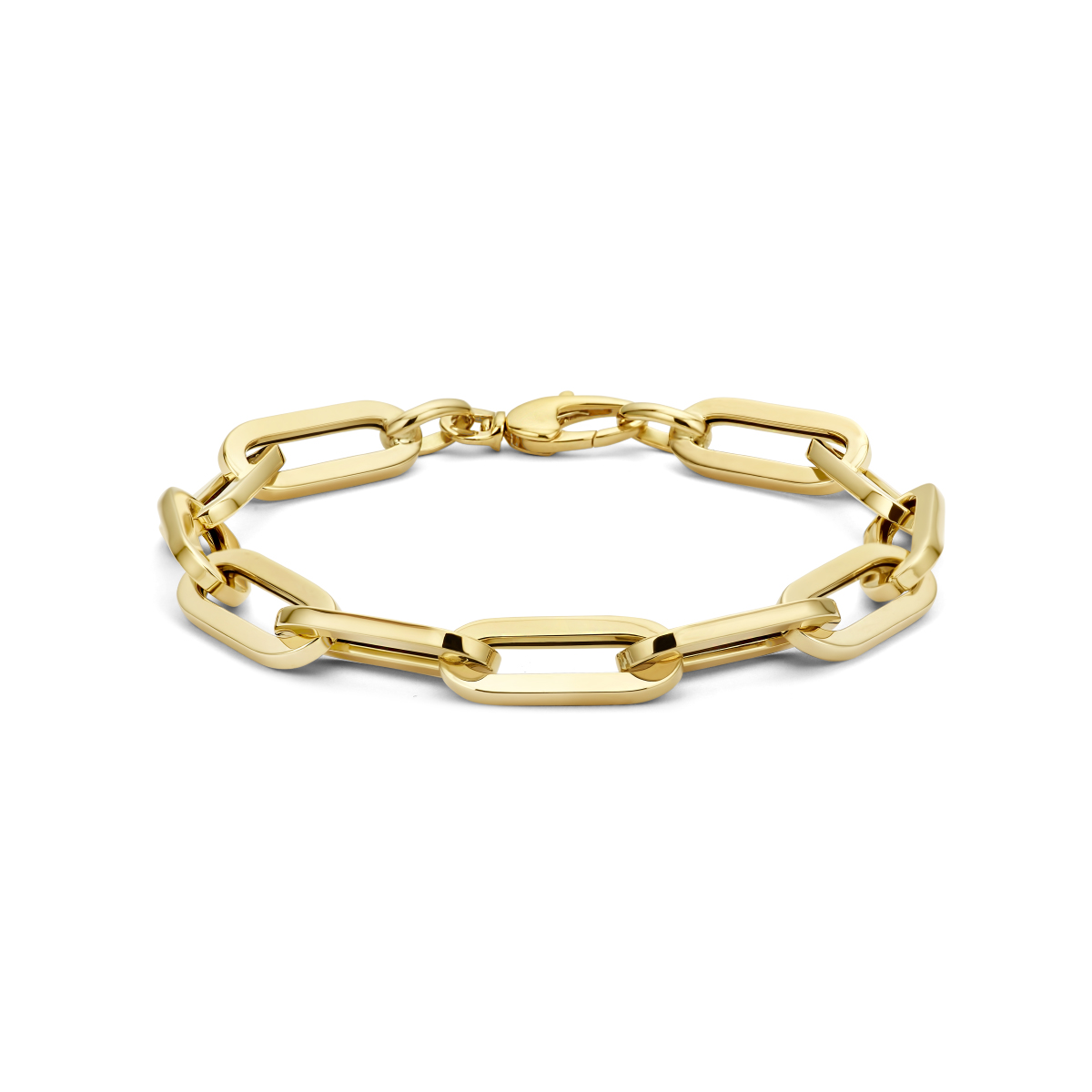 14k Geelgouden paperclip armband met een draaglengte van 19.5cm en schakelbreedte van 8mm., uitgevoerd met karabijnsluiting.
