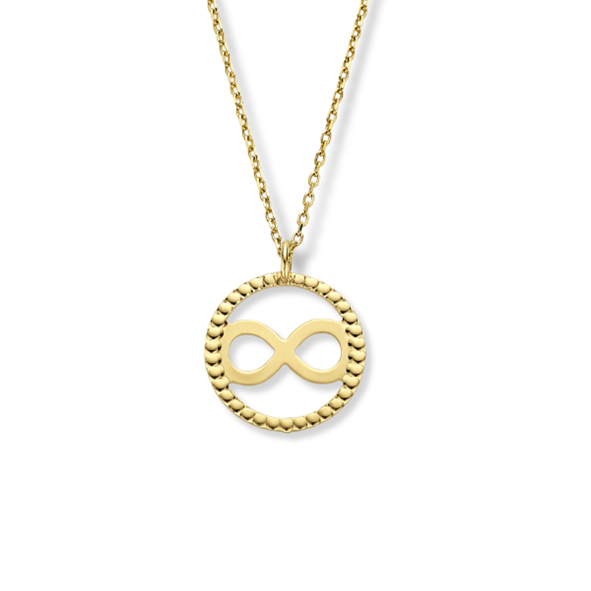 14k Geelgouden collier uitgevoerd met een rondje van 12mm en een infinity symbool. Het collier heeft een draaglengte van 41cm en een extensie van 3cm.