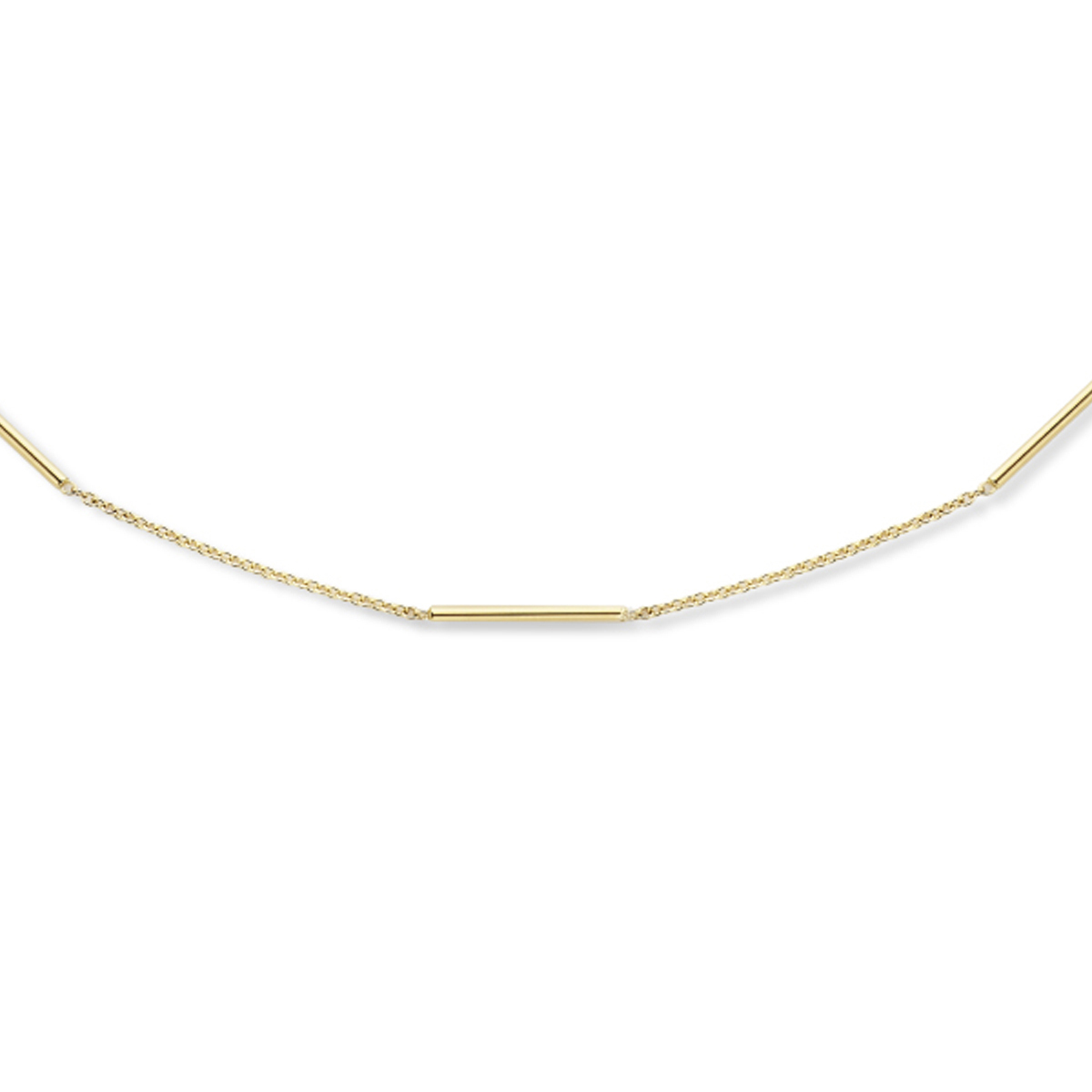 14k Geelgouden collier uitgevoerd met balkjes en een karabijnsluiting. Het collier heeft een schakelbreedte van 1.3mm.