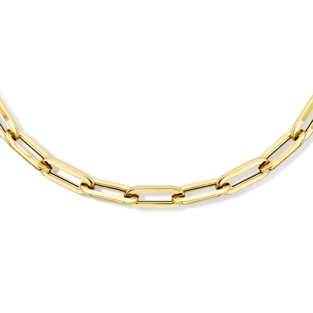 14k Geelgouden paperclip collier uitgevoerd met een karabijn sluiting. Het collier heeft een draaglengte van 45cm.