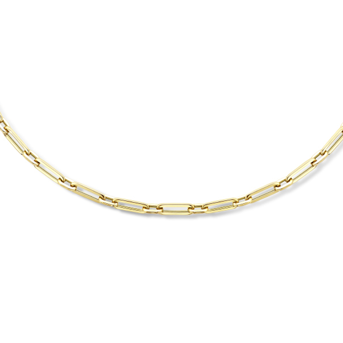 14k Geelgouden paperclip collier. Het collier heeft een draaglengte van 45.5cm en is uitgevoerd met karabijnsluiting.