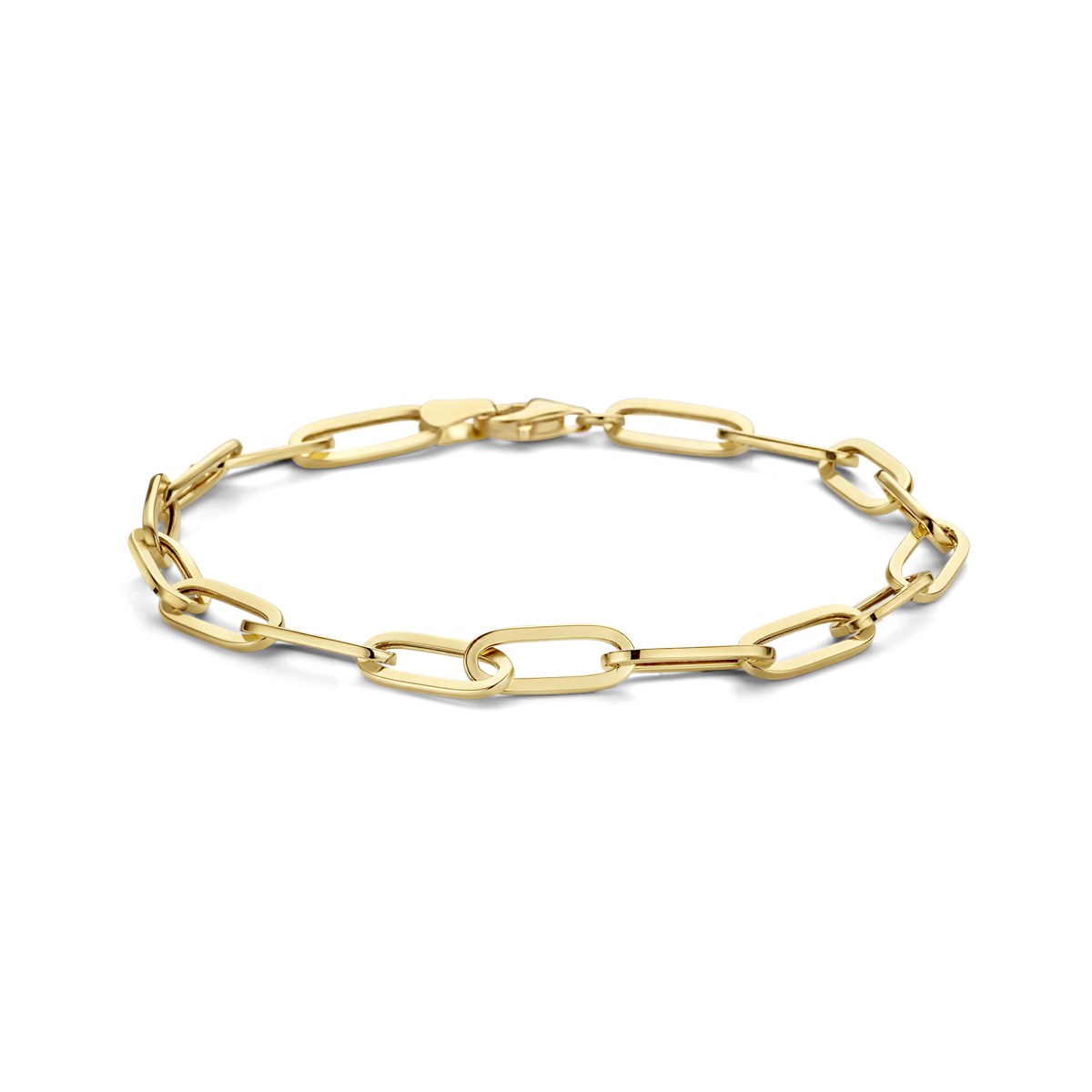 14k Geelgouden paperclip armband met een schakelbreedte van 5mm. De armband heeft draaglengte van 18.5cm. Uitgevoerd met een karabijn sluiting.