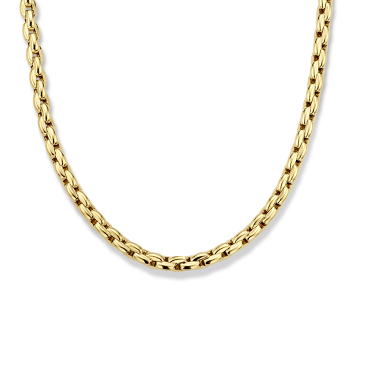 14k Geelgouden collier met een schakelbreedte van 5mm. Het collier heeft draaglengte 45cm. Uitgevoerd met een karabijn sluiting.