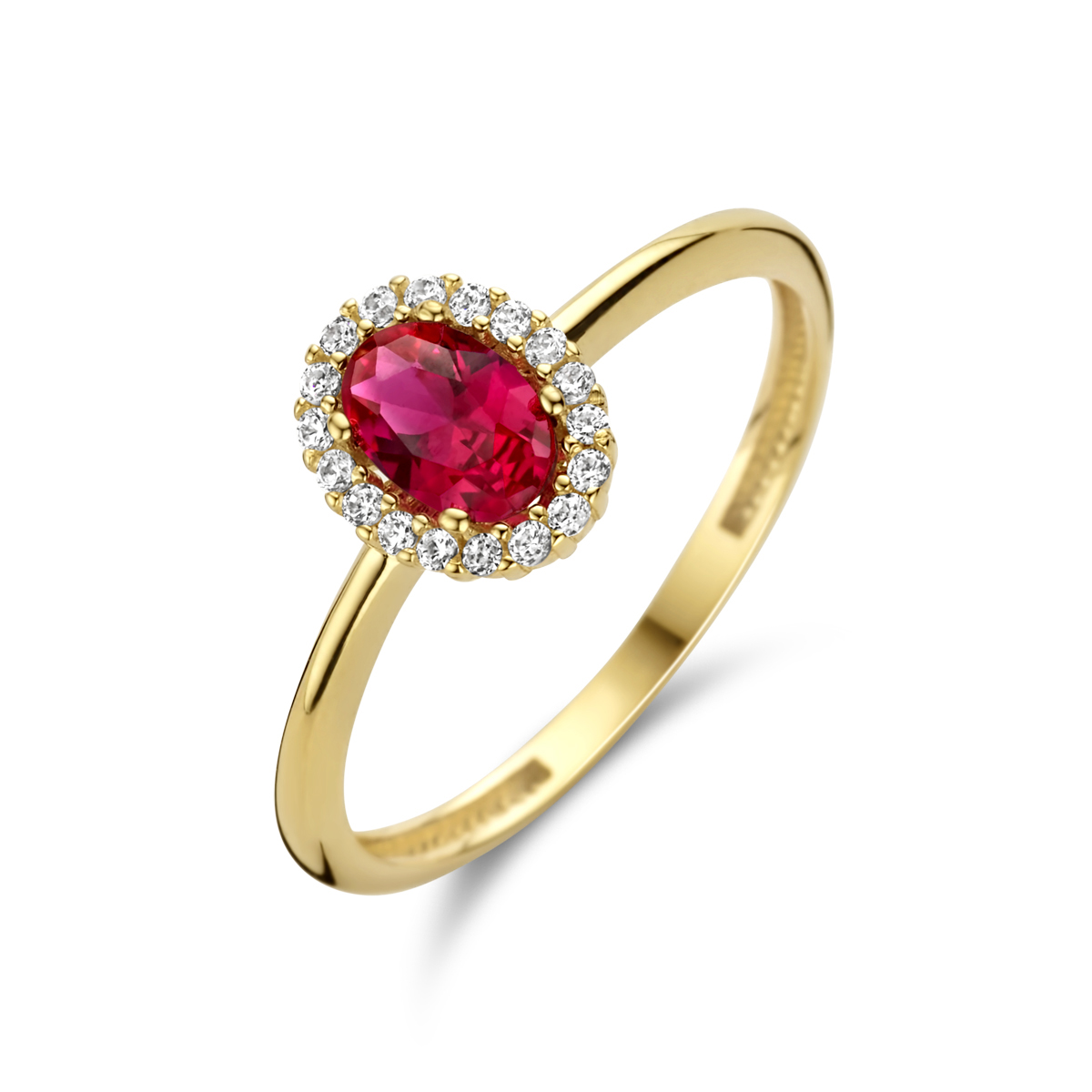 14k Geelgouden ring uitgevoerd met schitterende rode zirkonia. De ring heeft een breedte van 8.5mm.