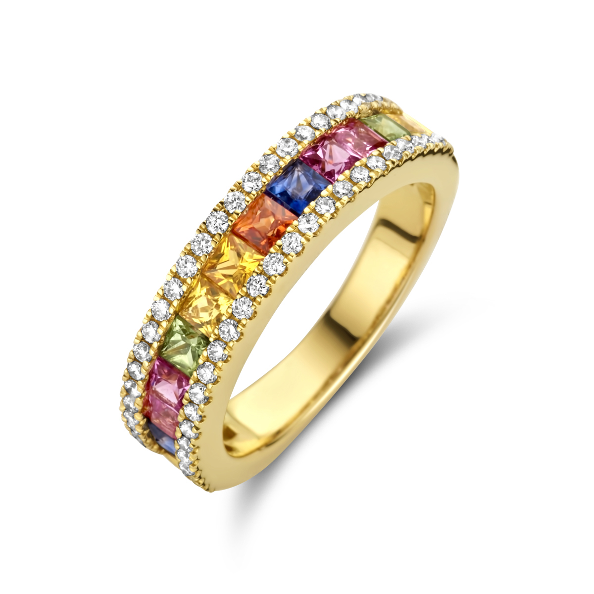14k Geelgouden ring uitgevoerd met schitterende regenboog saffieren en diamanten. De ring heeft ene breedte van 5mm.
