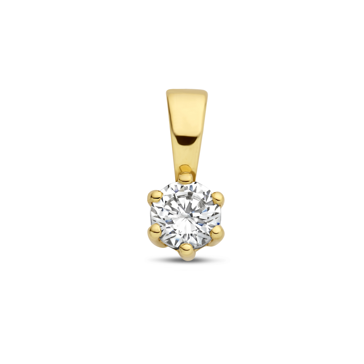 14k Geelgouden geboortesteen hanger uitgevoerd met een schitterende zirkonia. De hanger heeft een afmeting van 9.5x4.2mm.