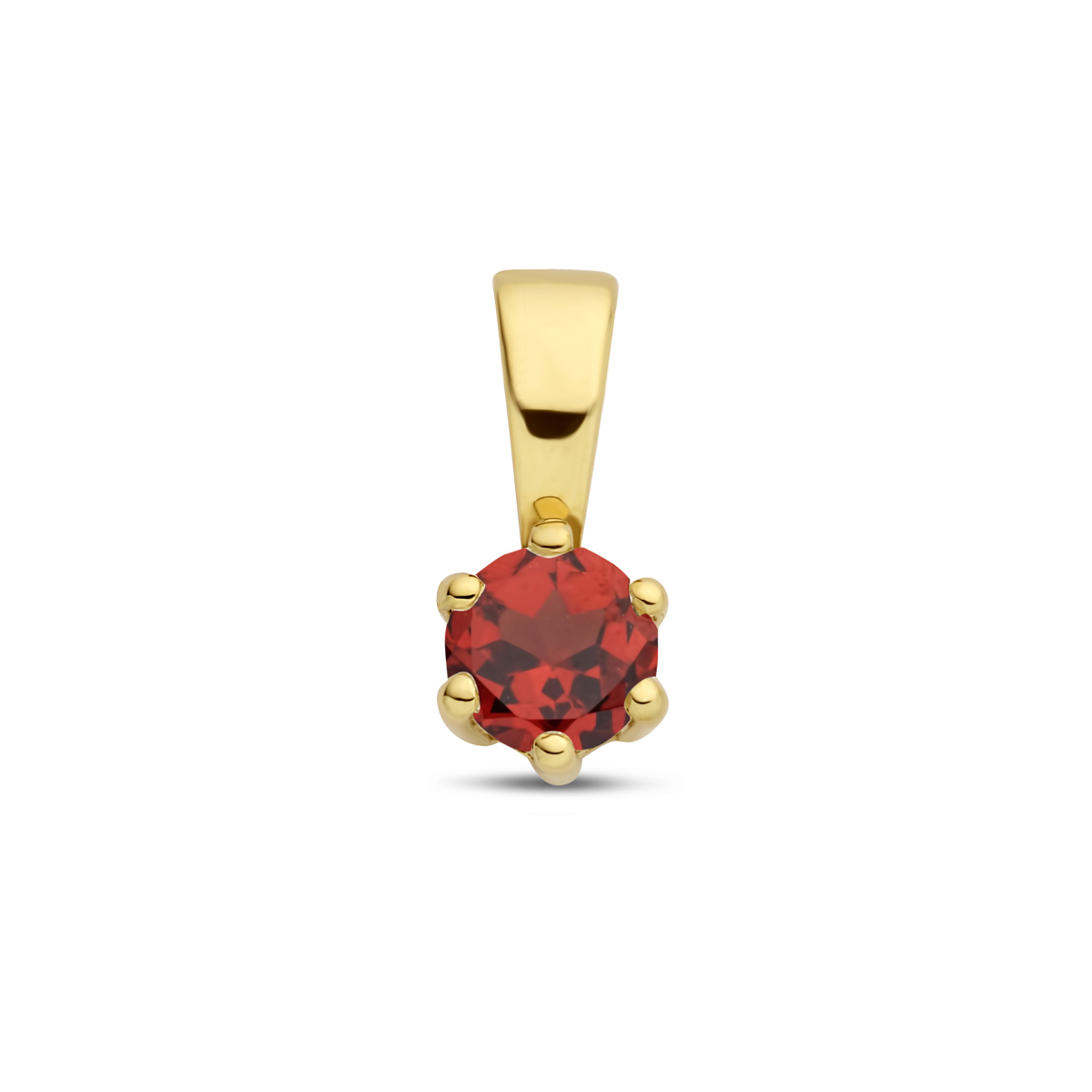 14k Geelgouden geboortesteen hanger uitgevoerd met een schitterende granaat. De hanger heeft een afmeting van 9.5x4.2mm.