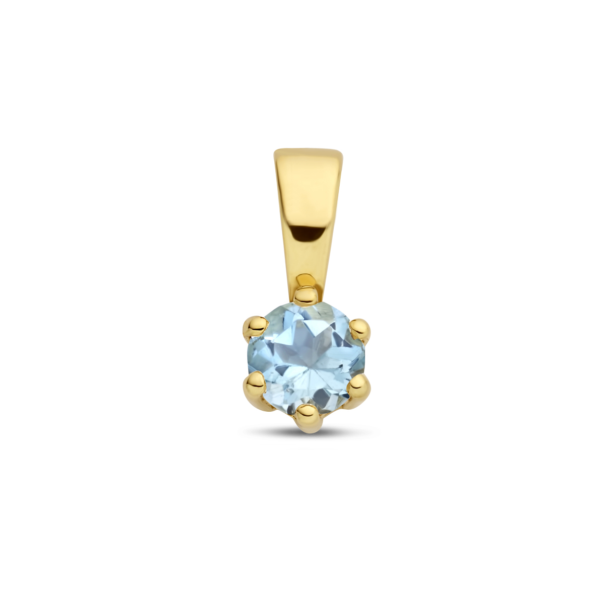 14k Geelgouden geboortesteen hanger uitgevoerd met een schitterende aquamarijn. De hanger heeft een afmeting van 9.5x4.2mm.